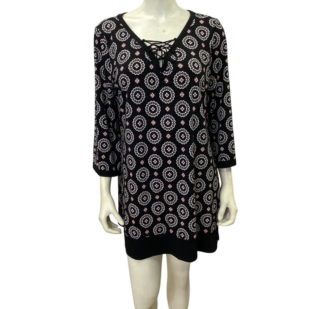 White House Black Market 3/4 Sleeve Tunic top With‎ Lace-Up Neckline XL